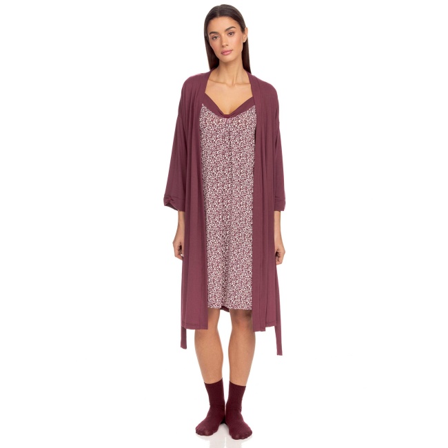 Vamp γυναικείο σετ νυχτικό με ρόμπα μπορντό modal regular fit 15098