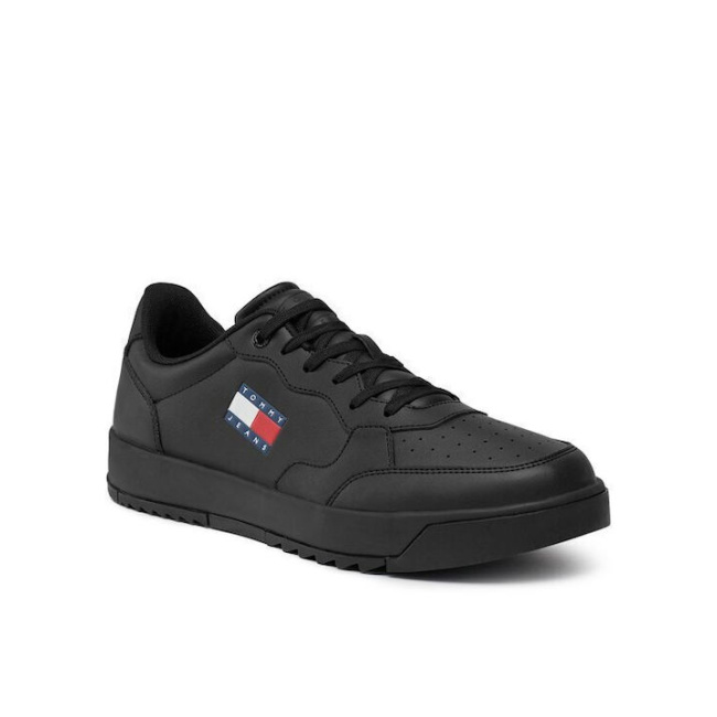 Tommy Jeans ανδρικό δερμάτινο sneaker retro basket μαύρο EM0EM01397-bds
