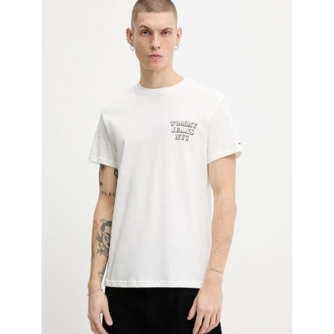 Tommy Jeans Varsity logo ανδρικό βαμβακερό slim t-shirt εκρού DM0DM22321-YBL