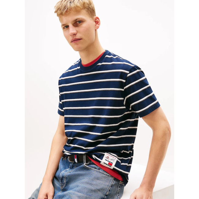 Tommy Jeans ανδρικό βαμβακερό relaxed fit ριγέ t-shirt μπλε DM0DM22325-C1G