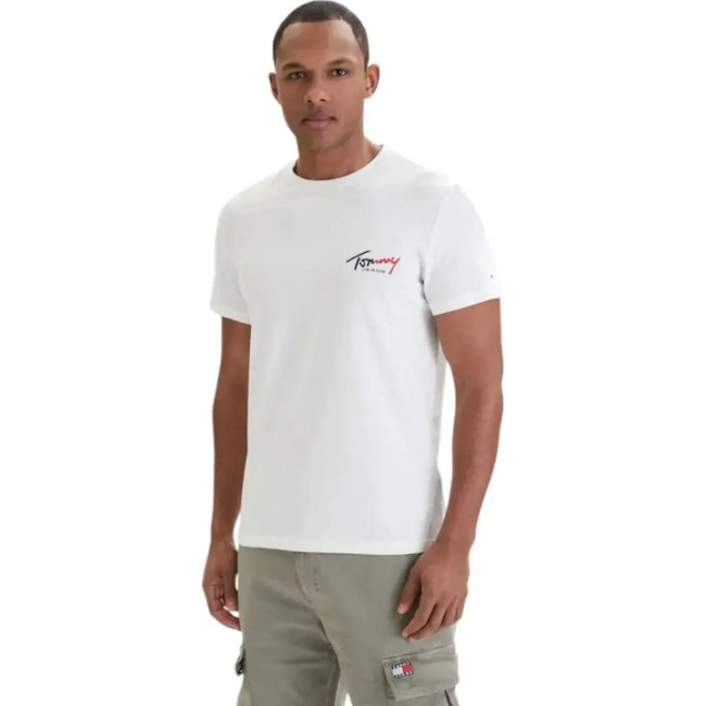 Tommy Jeans Signature ανδρικό βαμβακερό slim t-shirt εκρού DM0DM22538-YBL