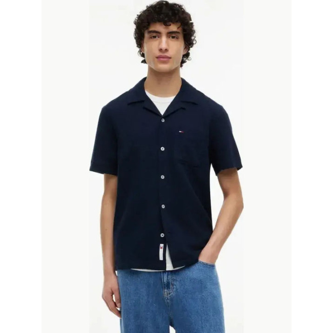 Tommy Jeans ανδρικό λινό regular κοντομάνικο πουκάμισο μπλε DM0DM23058-C1G Dark Night Navy