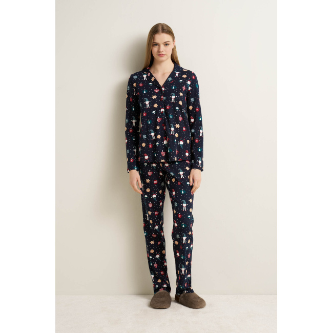 Vamp Γυναικεία Βαμβακερή Festive Πυτζάμα με Κουμπιά blue 25601